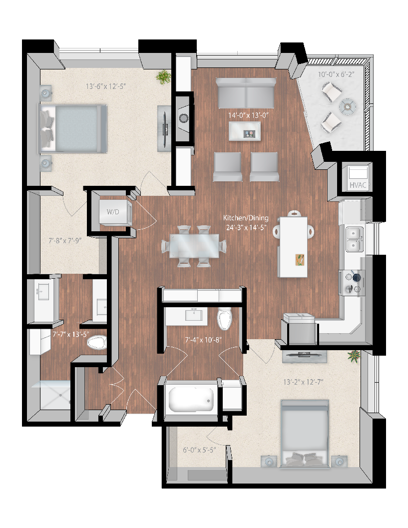 Floor plan for 2 beds, 2 baths, 1263 sqft